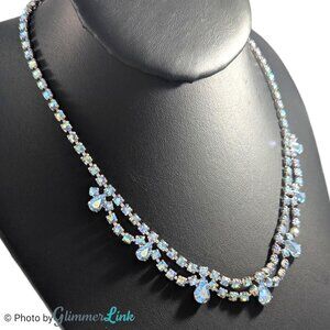 Vintage B David Scalloped Blue AB Rhinestone Mid Century Silver Tone Necklace